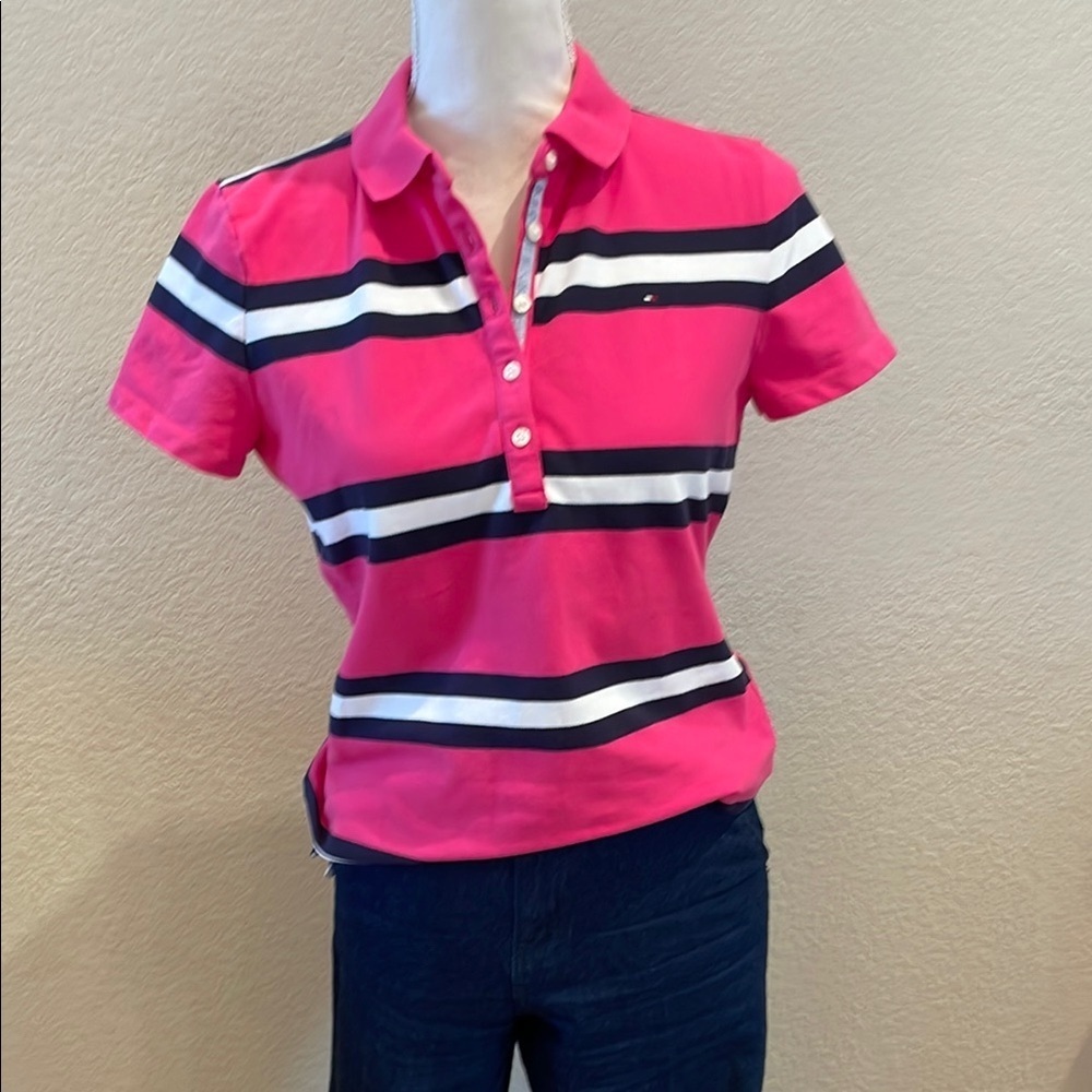 New Tommy Hilfiger Women's Pink/Navy Striped Polo Shirt - Picture 2 of 5